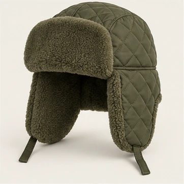 Dacha Quilted Trapper in Olive, earflaps down