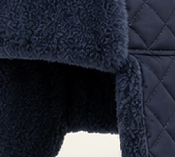 Neva Quilted Trapper, close-up of Ink Navy material and trim